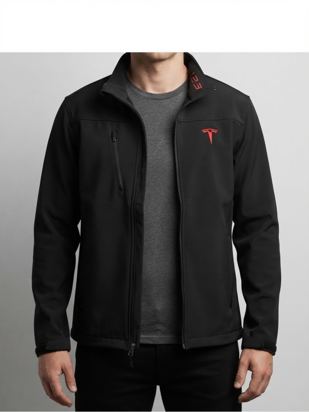 Tesla Black Softshell Jacket with Red Logo Accent